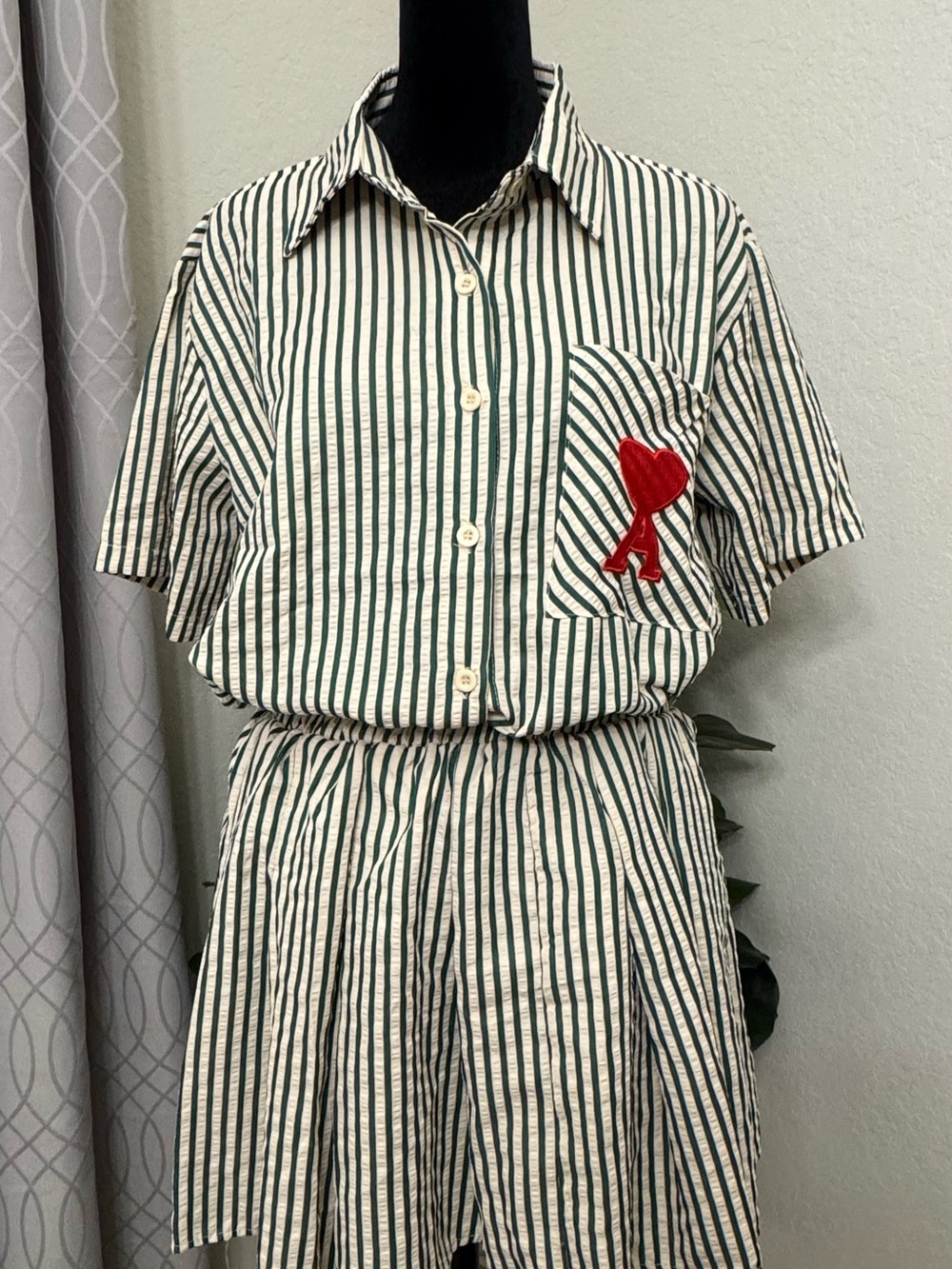 Striped Short-Sleeve Jumpsuit with Red Heart Patch